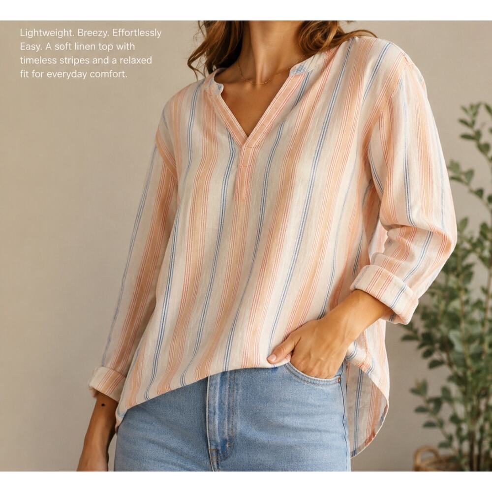 L.L. Bean 100% linen striped V-neck top size large